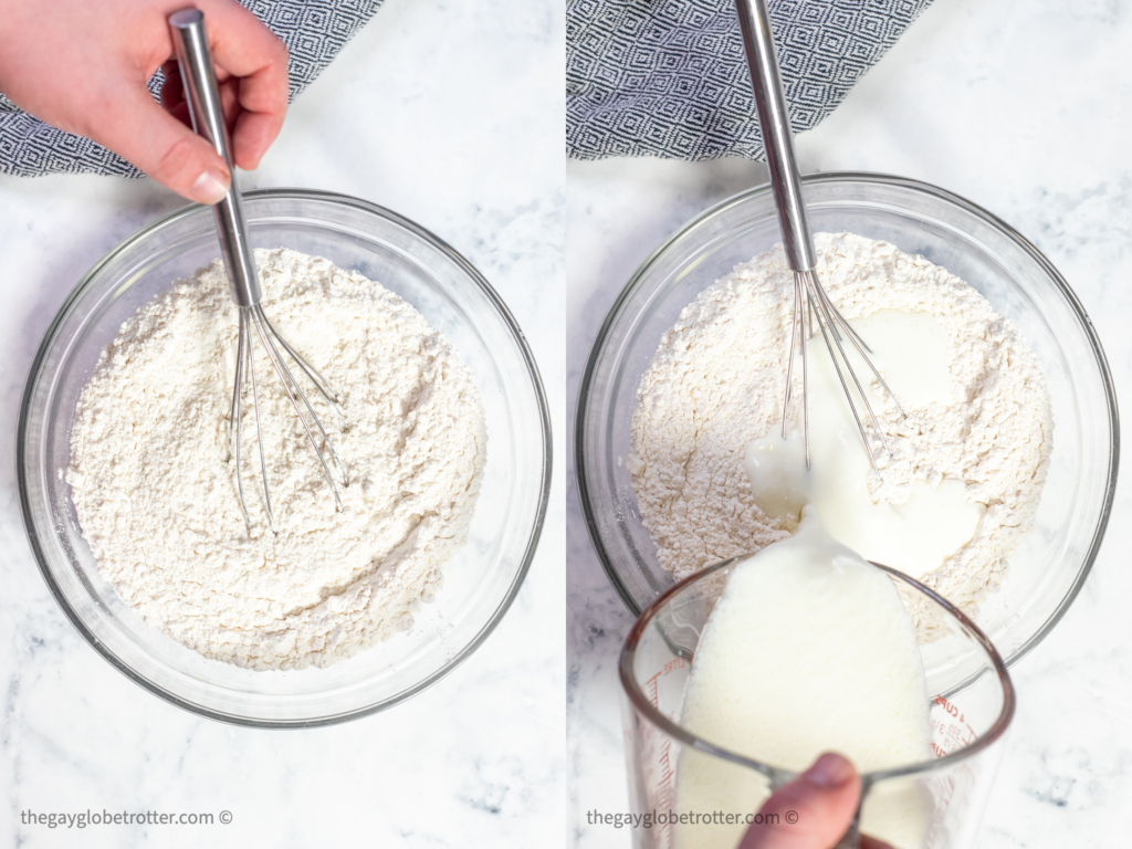 Buttermilk being poured into flour and baking soda.