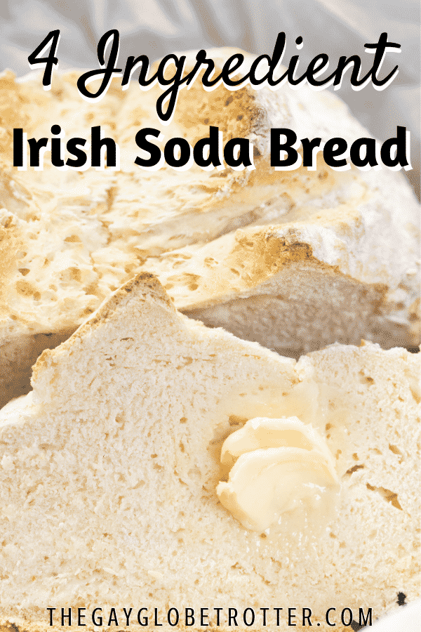 Irish soda bread with butter spread and text overlay.