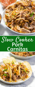 Pork carnitas being served with text overlay.