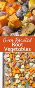 Two images of roasted root vegetables with text overlay.