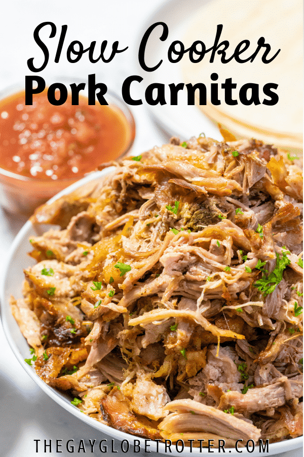 Pork carnitas on a serving plater with text overlay.
