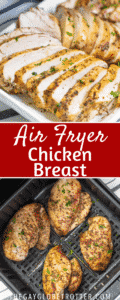Two images of air fryer chicken breasts with text overlay.