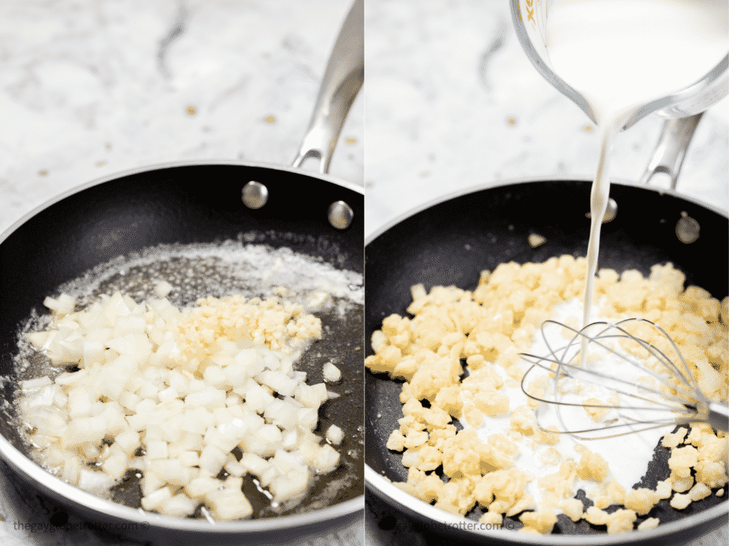 Cream being whisked into a roux in a pan.