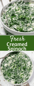 2 images of creamed spinach with text overlay.