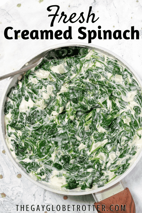 A pan of creamed spinach with text overlay.