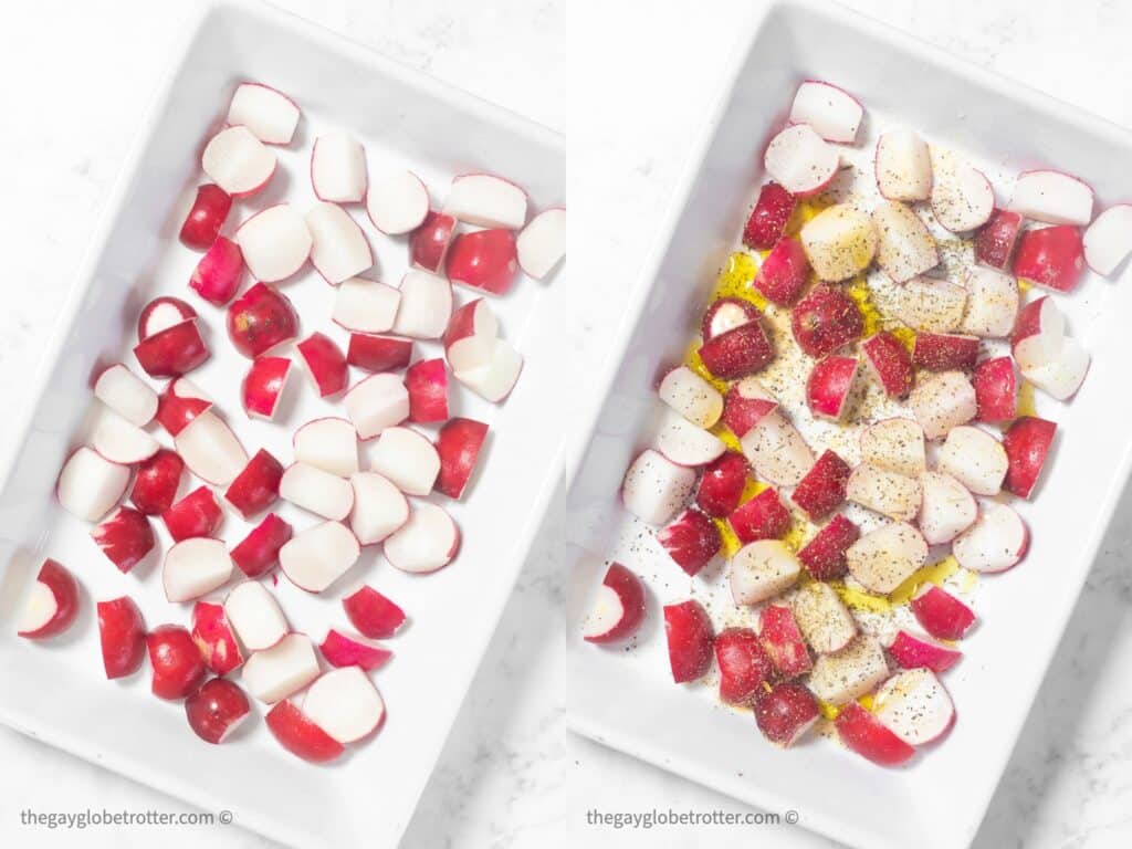 Radishes in a baking dish being prepared with oil and spices.