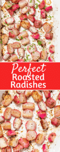 Roasted radishes in a pan with text overlay.