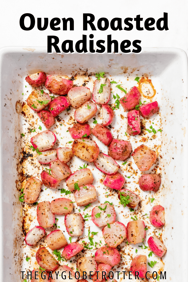 Garnished roasted radishes with text overlay.