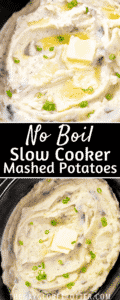Slow cooker mashed potatoes with text overlay.