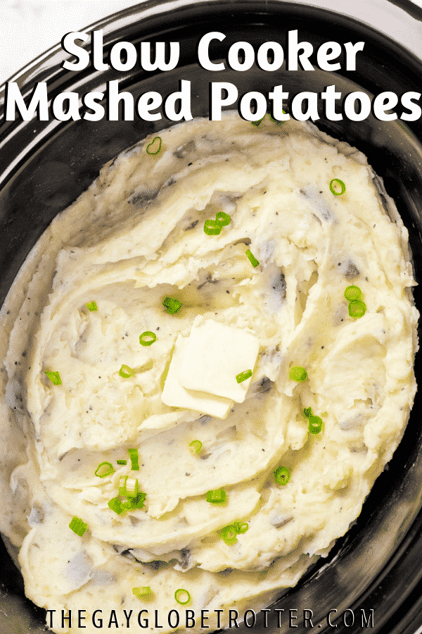 A slow cooker of mashed potatoes with text overlay.