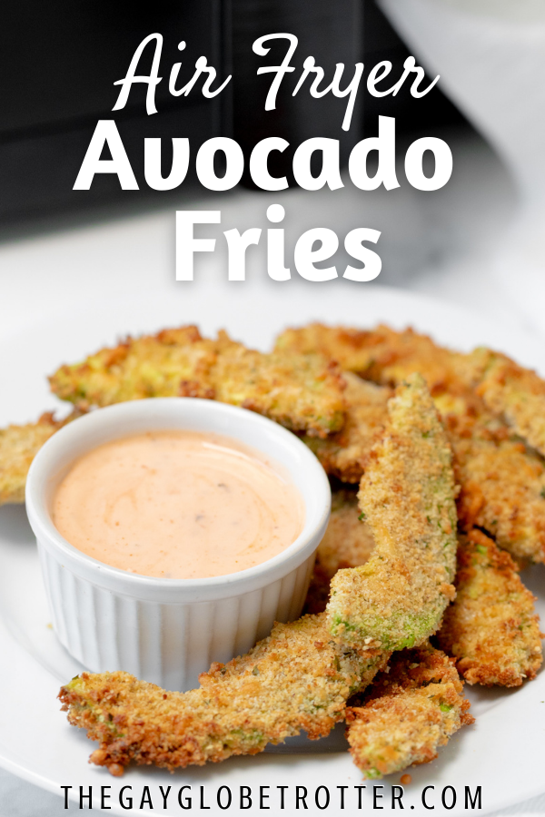 Air fryer avocado fries on a plate with text overlay.