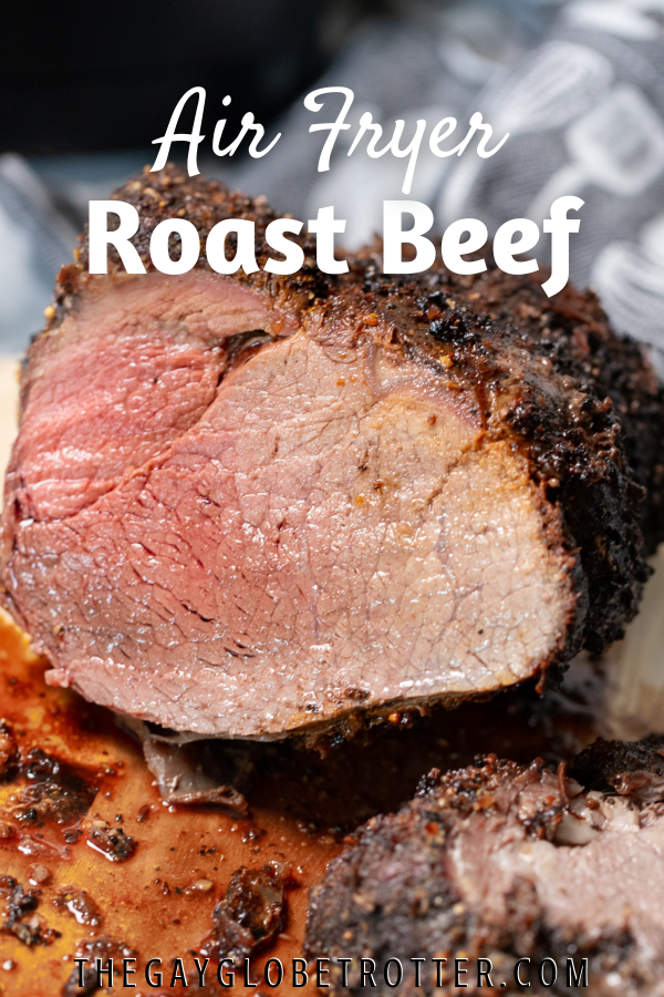 Air fryer roast beef with text overlay.