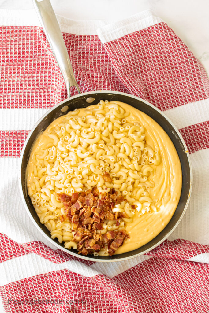 Macaroni noodles and bacon in cheese sauce.