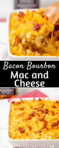 Two images of bacon bourbon mac and cheese with text overlay.