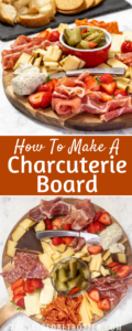 Two images of a charcuterie board being served with text overlay.