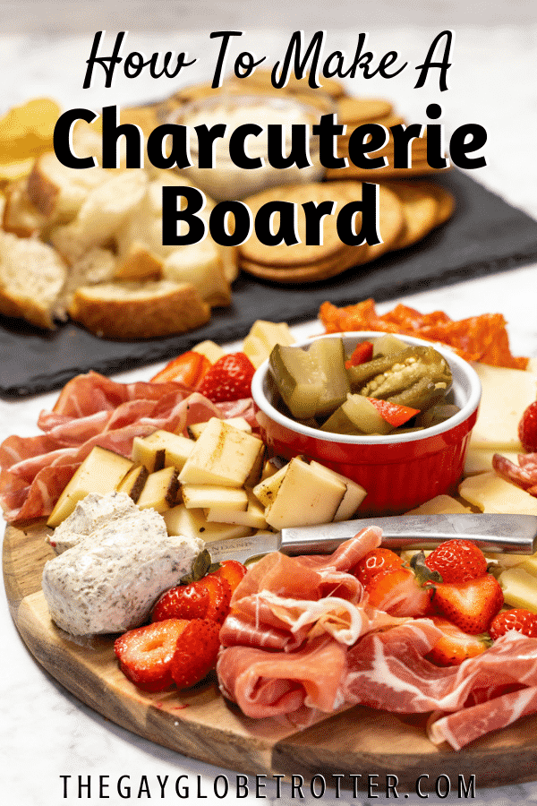 A charcuterie board filled with fresh meat and cheese, with text overlay.