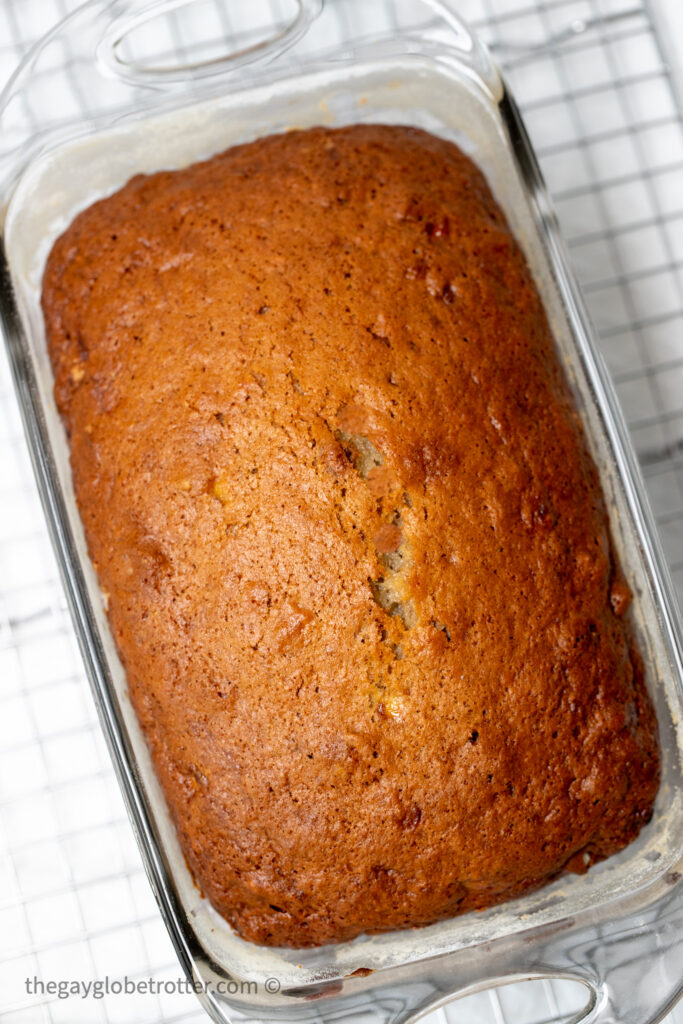 Banana bread in a loaf pan.