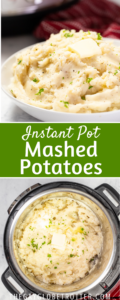 Two images of garlic mashed potatoes with text overlay.