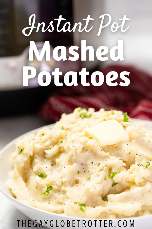 Instant pot mashed potatoes with text overlay.
