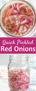 Two images of quick pickled red onions with text overlay.