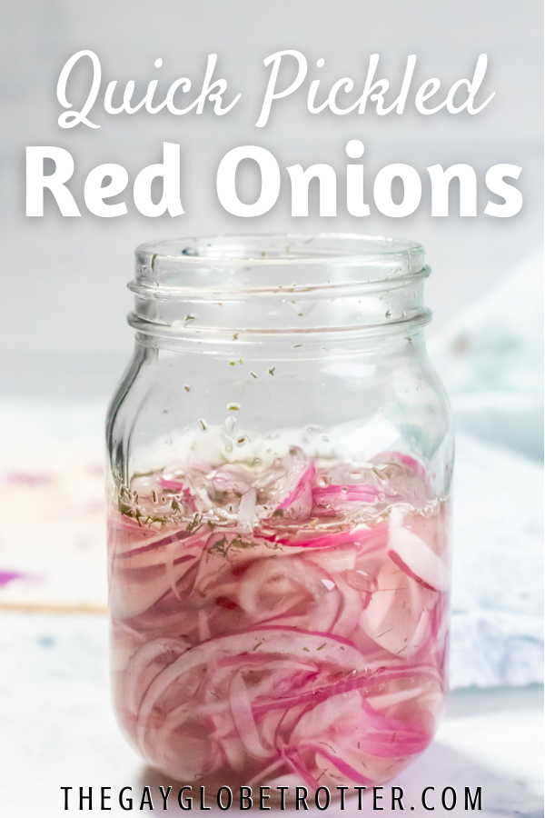 A jar of quick pickled red onions with text overlay.