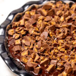Chocolate peanut butter pie in a serving dish.