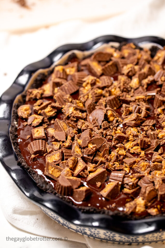 Chocolate peanut butter pie in a serving dish.
