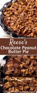 Chocolate peanut butter pie with text overlay.