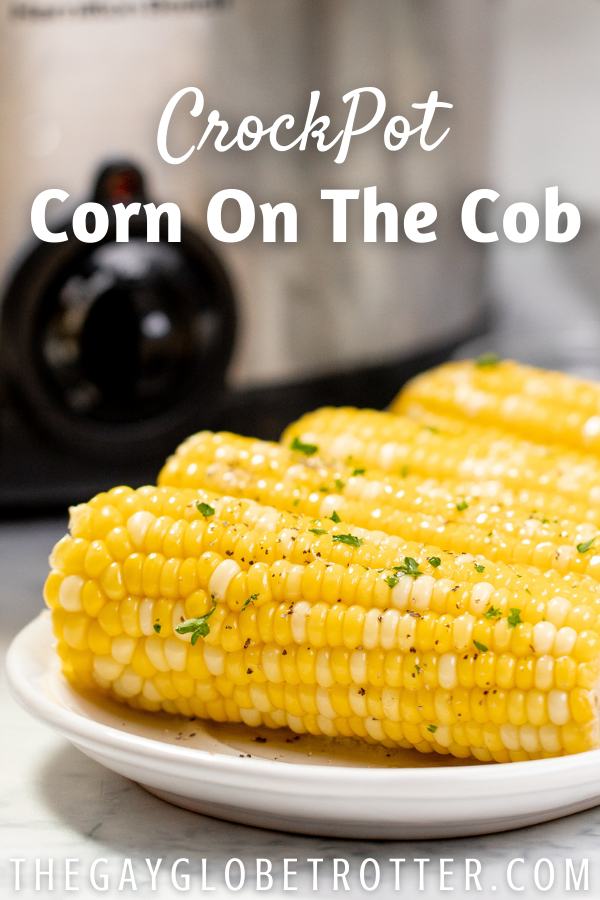 A platter of corn on the cob with text overlay.