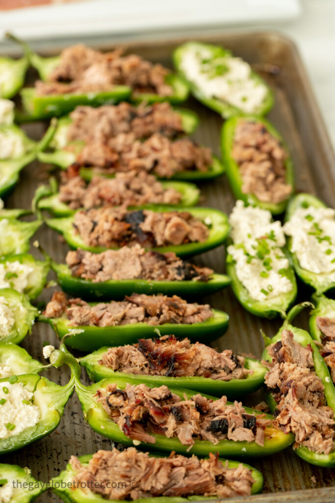 Jalapenos filled with brisket and cream cheese.