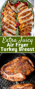 Two images of air fryer turkey breast with text overlay.