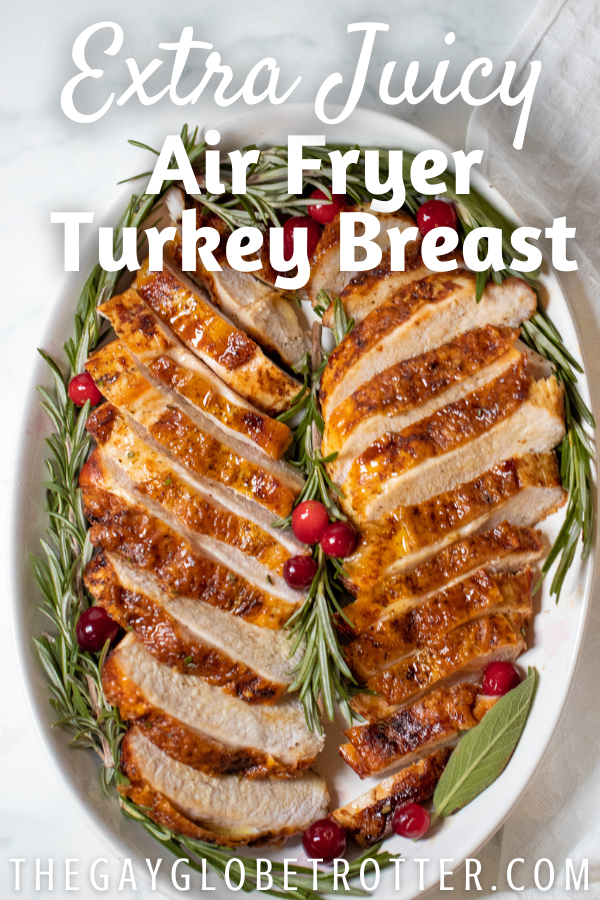 Sliced turkey breast on a serving plate with text overlay.