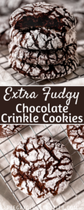 Two images of chocolate crinkle cookies with text overlay.