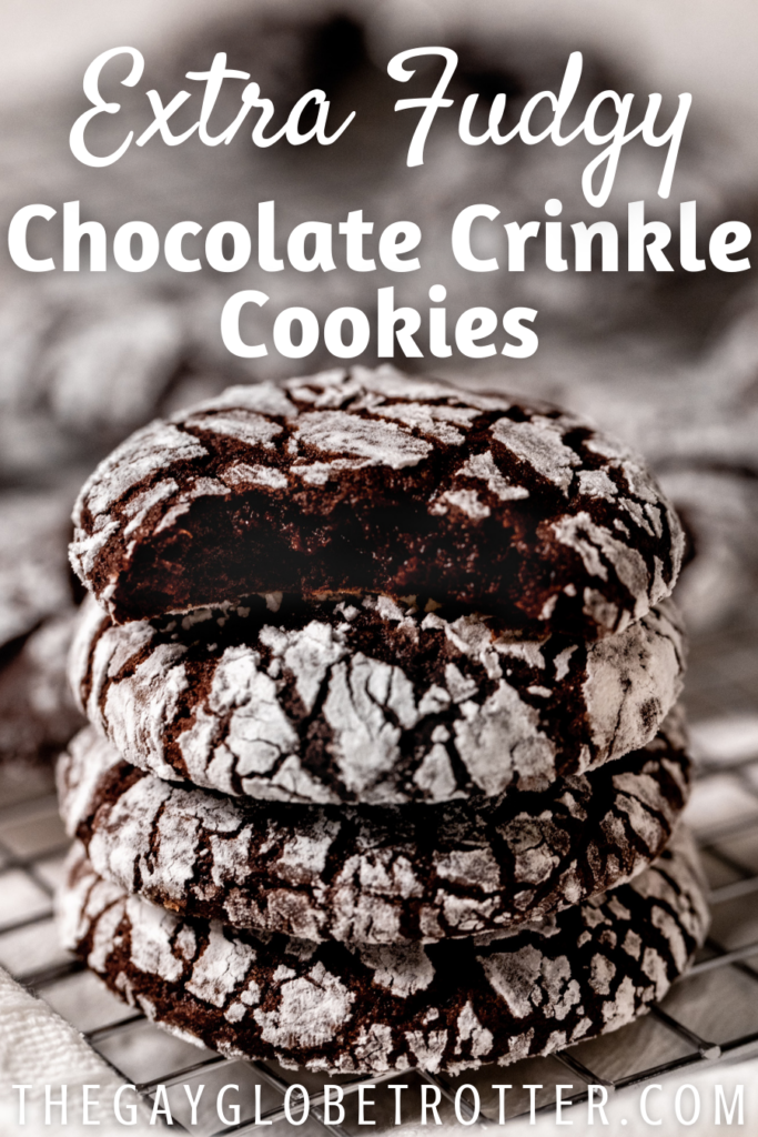 A stack of chocolate crinkle cookies with text overlay.