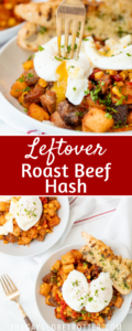 Two images of roast beef hash with text overlay.