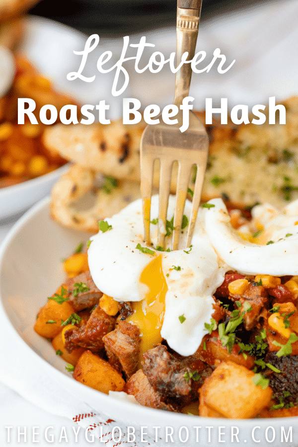 An egg being broken over roast beef hash with text overlay.