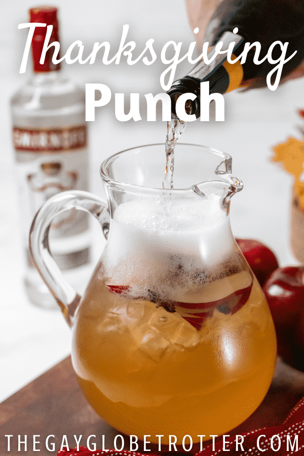 A pitcher of Thanksgiving punch with text overlay.