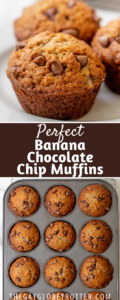 two images of banana chocolate chip muffins with text overlay.