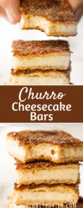 Two images of churro cheesecake bars stacked in a collage.