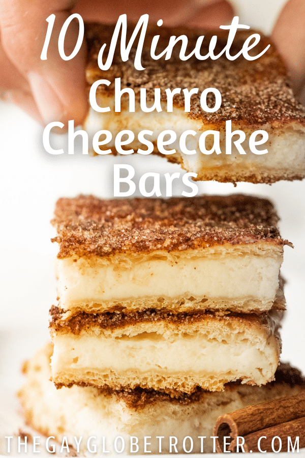 A stack of churro cheesecake bars with text overlay.