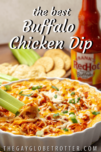Buffalo chicken dip with text overlay reading 