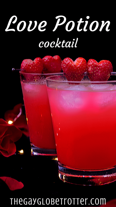 This love potion cocktail is a deliciously sweet drink that is the perfect Valentines Day drink. Serve these alcoholic drinks with some strawberry hearts for the perfect drink! #gayglobetrotter #lovepotion #lovepotiondrink #lovepotioncocktail #lovecocktail #valentinesday