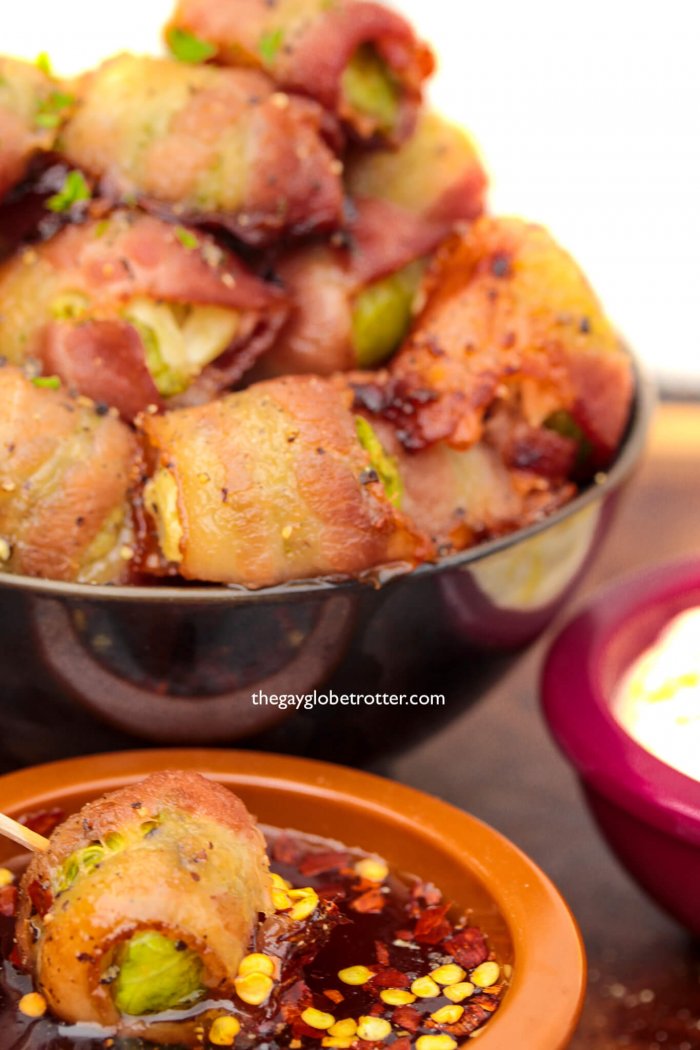 Crispy oven baked bacon wrapped brussel sprouts.