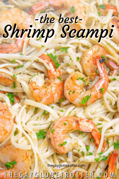 A close up of shrimp scampi with text overlay that reads 